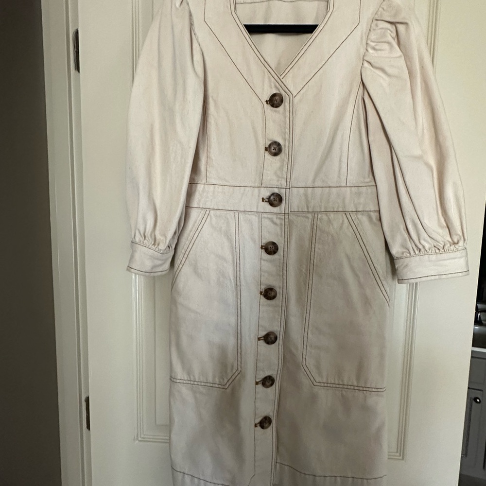 Neutral Button-Front Midi Dress with Puff Sleeves